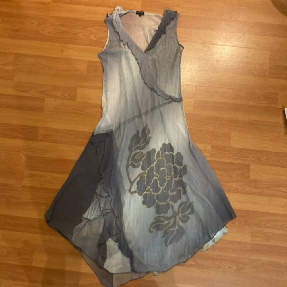 Komarov Sheer Sleeveless Ruffle Hi-Low Gray Maxi/Midi Floral Dress Size S